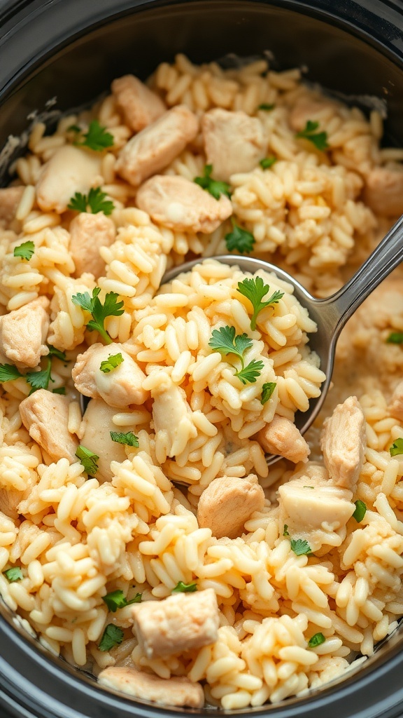 A close-up of a savory chicken and rice casserole in a slow cooker, featuring tender chicken pieces and fluffy rice garnished with fresh herbs.