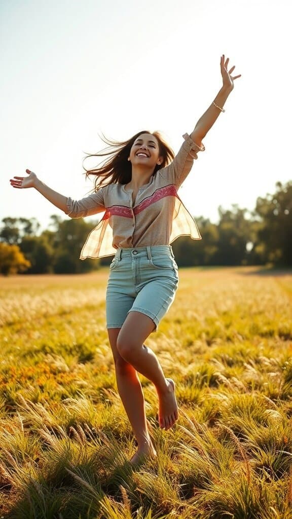 A woman joyfully dancing in a sunlit field, radiating positivity and happiness.