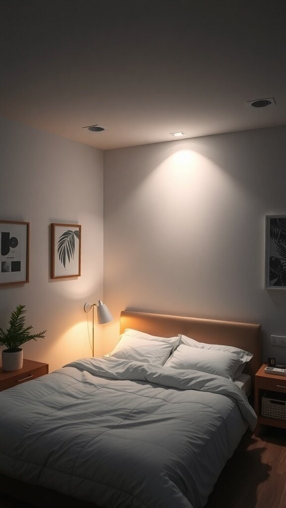 A cozy bedroom with layered lighting, featuring recessed lights and a bedside lamp.
