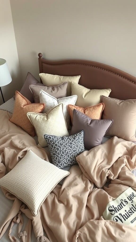 A bed with an excessive number of throw pillows in various colors and patterns.