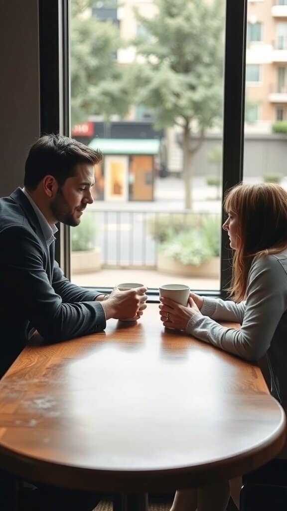 A man and a woman sitting at a table, engaged in a deep conversation over coffee.