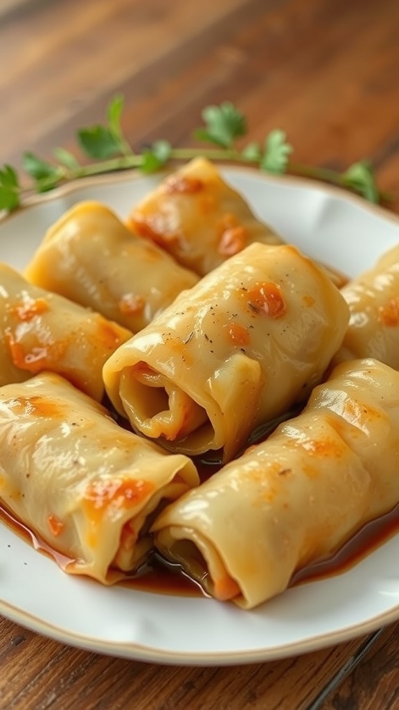 A plate of cabbage rolls drenched in sauce, looking soft and unappealing.