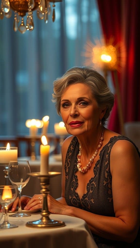 A woman with subtle smoky eyes, dressed elegantly, sitting at a candlelit table.