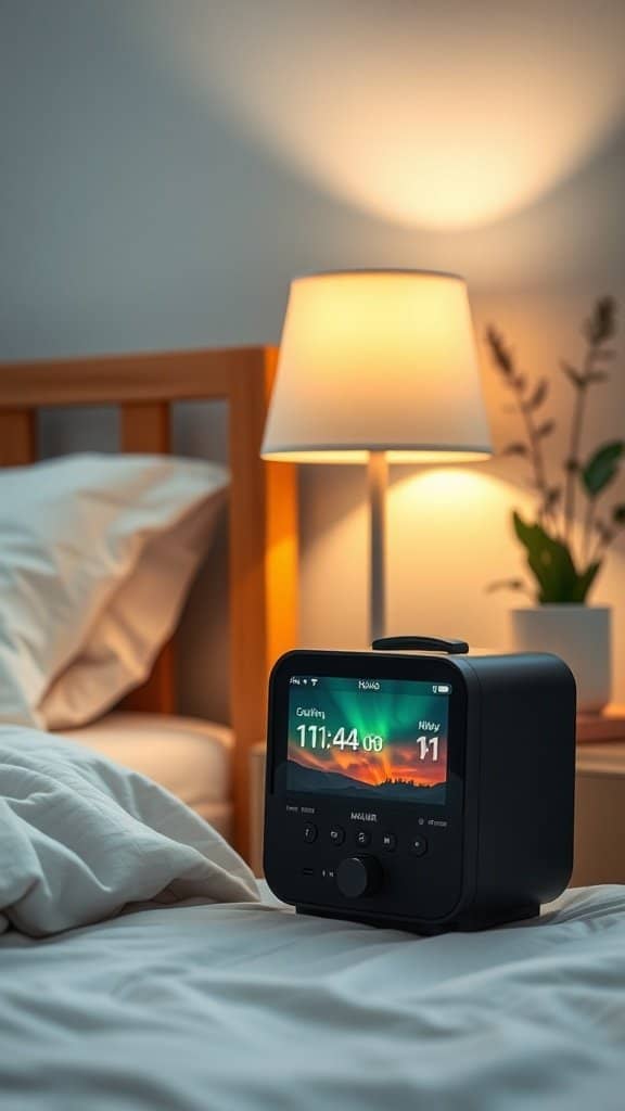 A sound machine on a bed with soft bedding and a lamp in the background