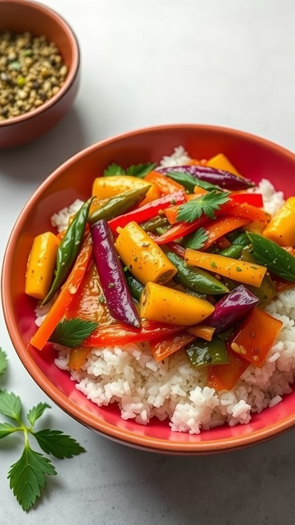 A colorful vegetable stir-fry with rice in a bowl, featuring bell peppers, snap peas, and carrots.