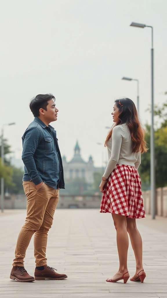 A couple standing apart, engaged in conversation, symbolizing mutual respect and independence.
