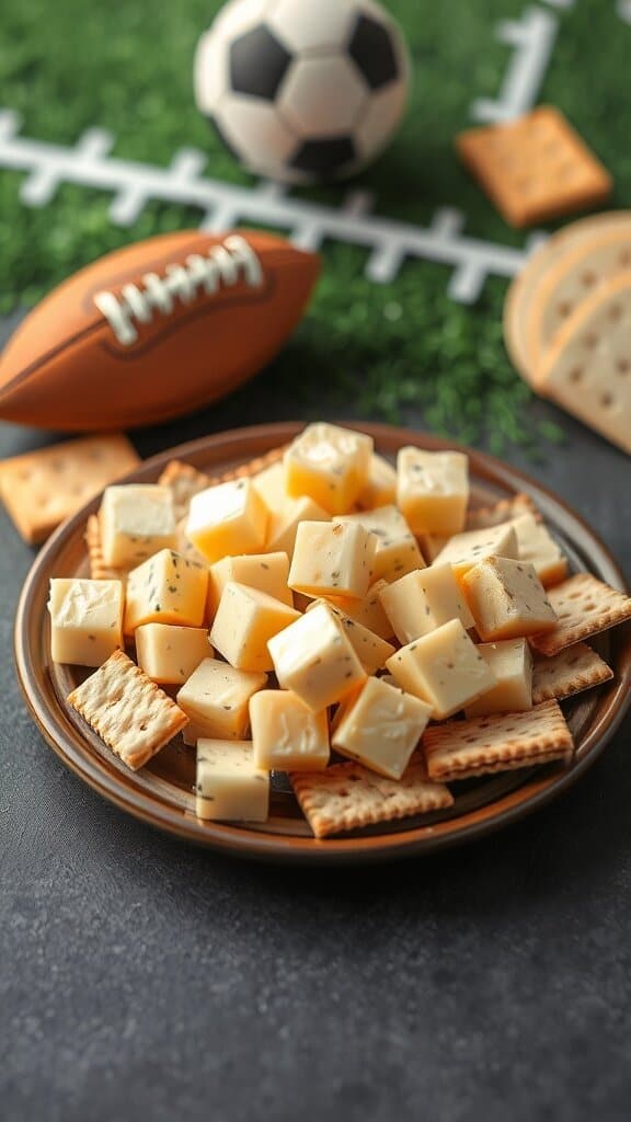A plate of cold cheese cubes and crackers on a table with football-themed decorations.
