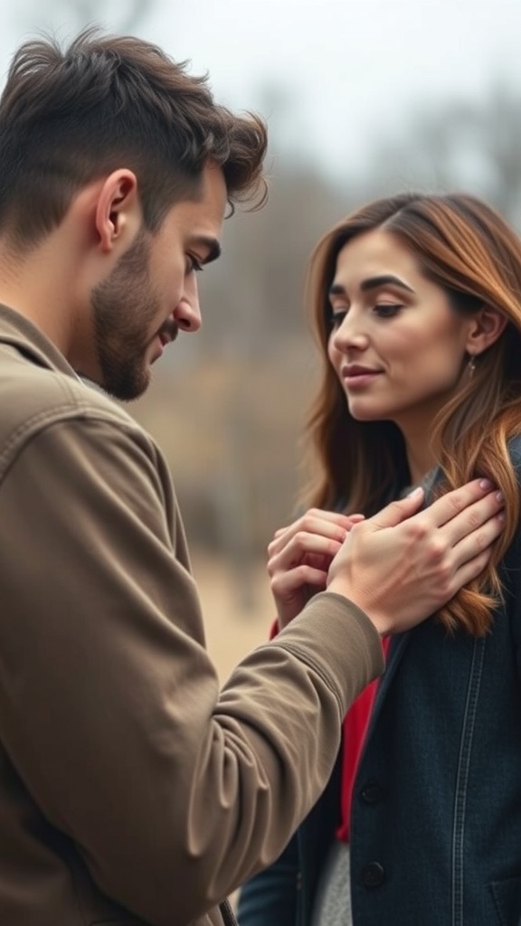 A couple sharing a personal moment, looking at each other with interest and connection.