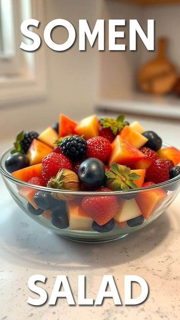 A colorful fruit salad in a glass bowl, featuring strawberries, blueberries, pineapple, watermelon, and green grapes.