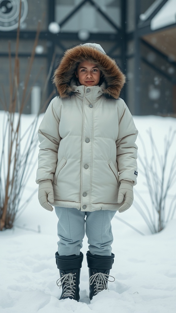 A person wearing a puffy winter coat with a fur hood, standing in the snow.
