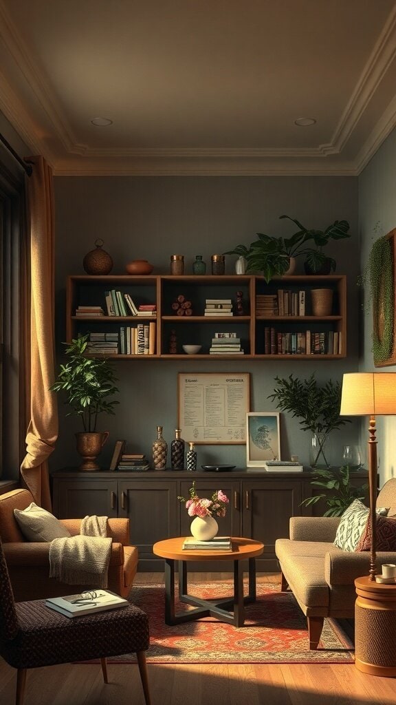 A cozy living room with plants, bookshelves, and soft lighting.