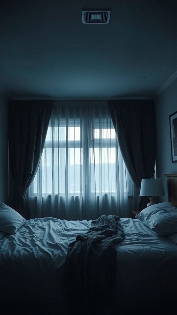 A dark bedroom with heavy drapes covering the windows, creating a gloomy atmosphere.