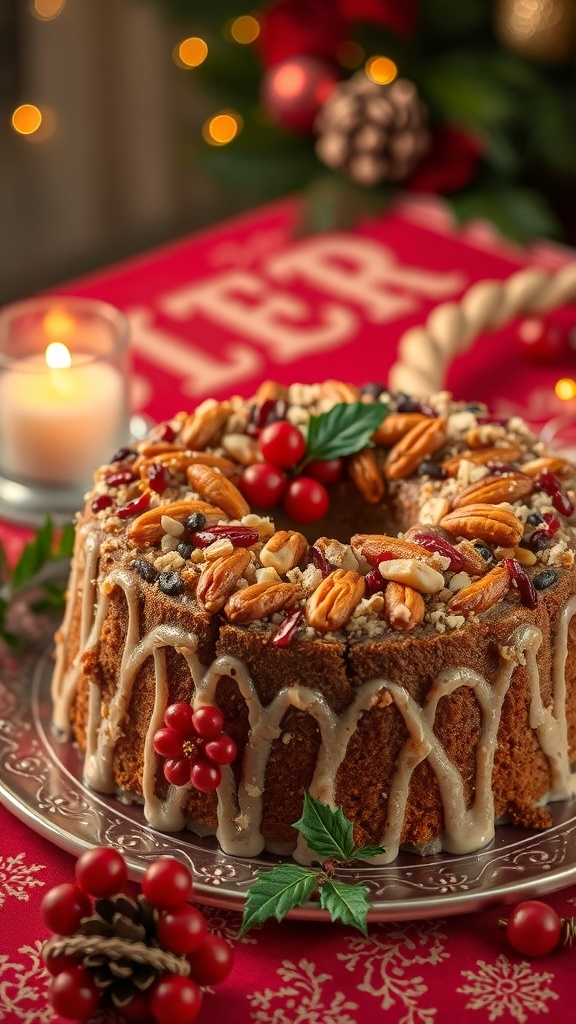 A beautifully decorated fruitcake with nuts and berries on a silver platter, set against a festive background.