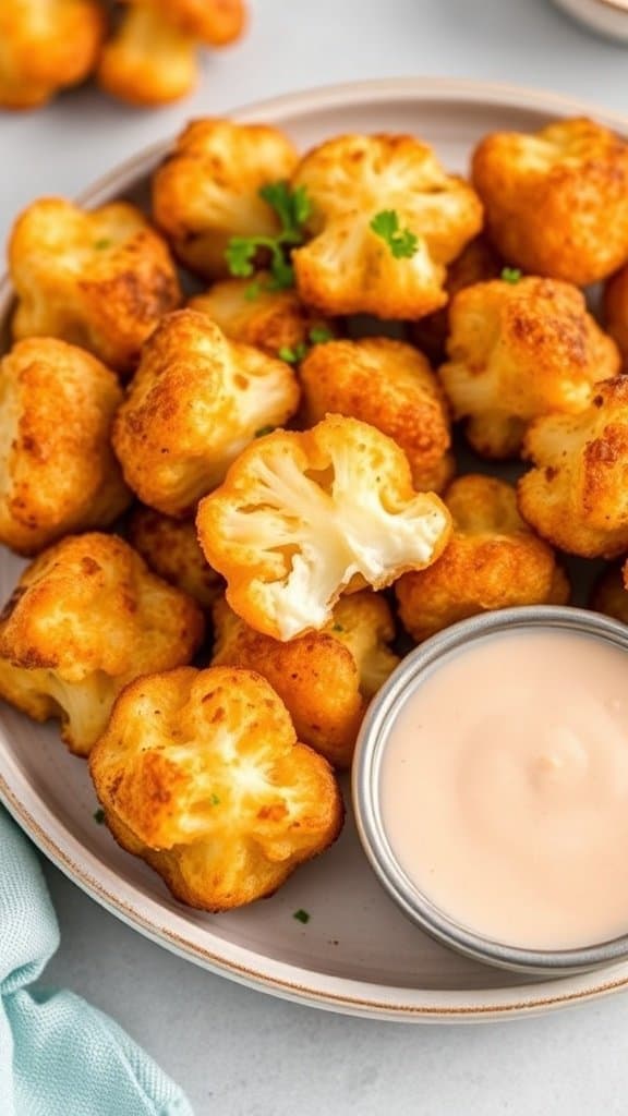 A plate of golden Cheesy Cauliflower Tots served with a dipping sauce.