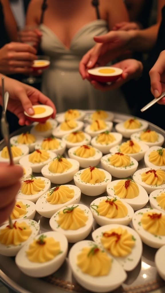 A platter of deviled eggs with a simple presentation, garnished and ready to serve.
