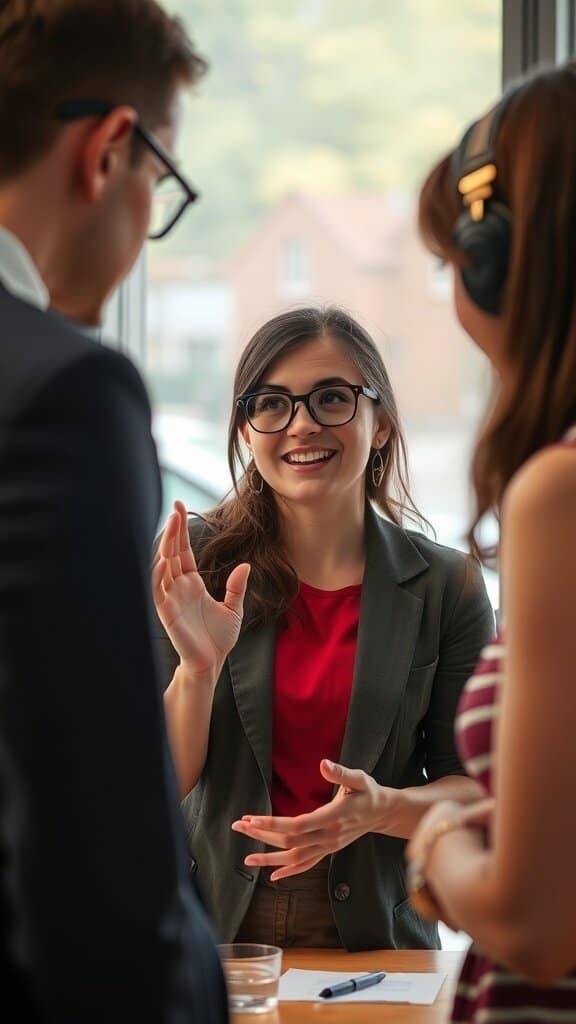 A woman engaging in a lively conversation with two people, smiling and using hand gestures.