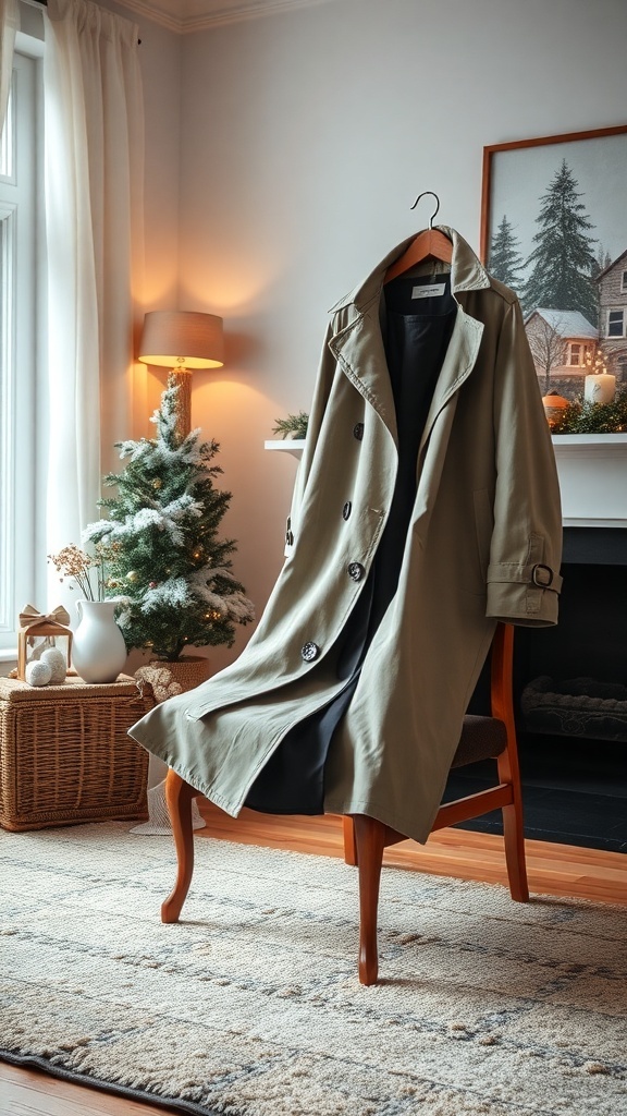 A light-colored trench coat hanging on a chair in a cozy room with a Christmas tree in the background.