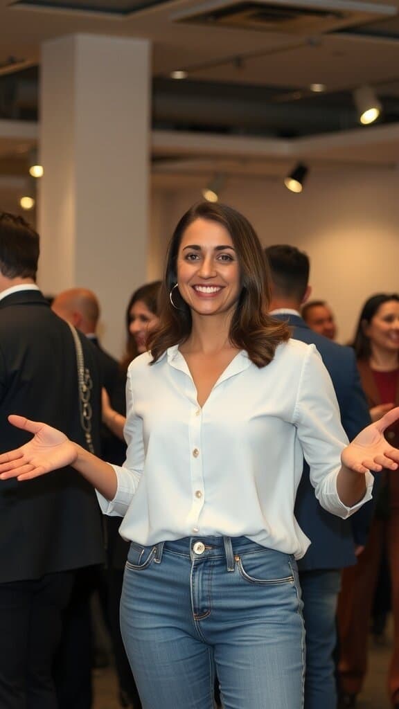 A confident woman smiling and gesturing with open arms in a social setting.