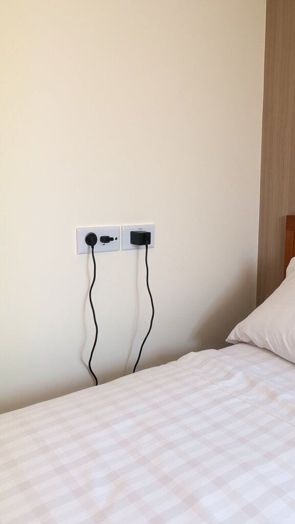 Image of power outlets behind a bed in a guest bedroom.
