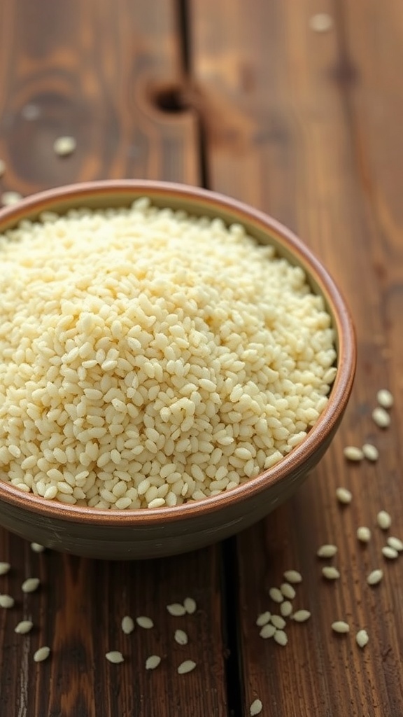 A bowl of unseasoned quinoa on a wooden table