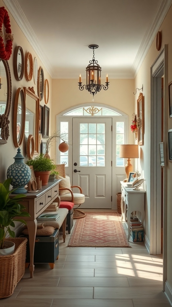 A hallway with various mirrors, decorative items, and a warm color palette.