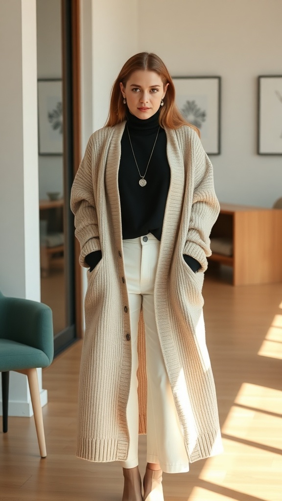 A woman wearing a long beige cardigan over a black turtleneck and white wide-leg pants, standing in a modern interior.