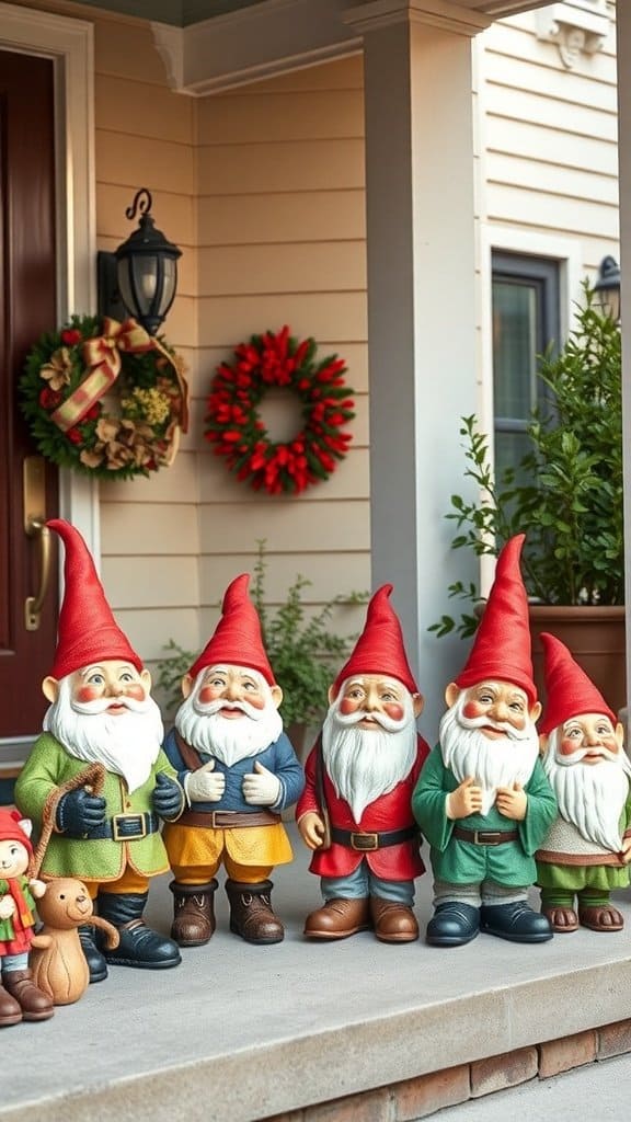 A collection of colorful garden gnomes on a front porch, surrounded by holiday wreaths.