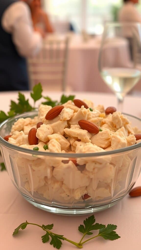 A bowl of bland chicken salad with almonds on top, set on a table.