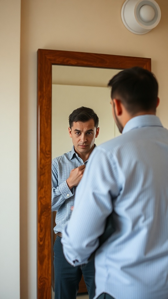 A man adjusting his shirt while looking in the mirror, showing signs of concern or focus.