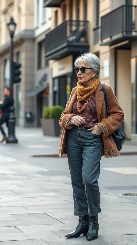 A stylish older woman wearing a brown cardigan, patterned shirt, and denim pants, standing on a city street.