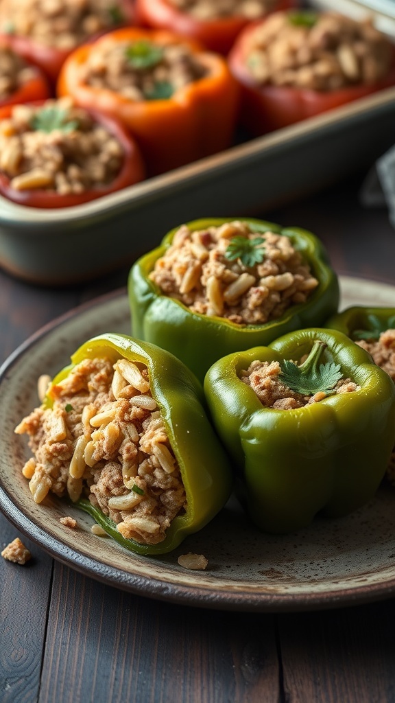 Stuffed bell peppers with ground turkey on a plate, with more peppers in a baking dish in the background.