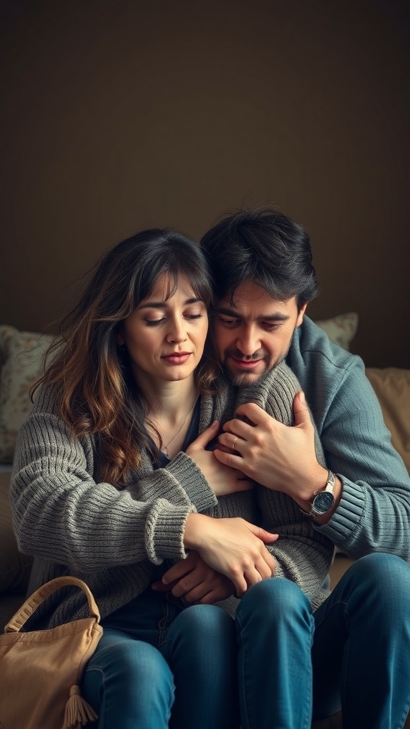 A couple sitting closely together, the man comforting the woman as she appears to be feeling down.
