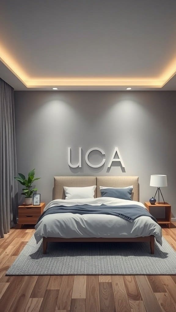 A cozy bedroom with soft smart lighting, featuring a bed, bedside tables, and a plant.