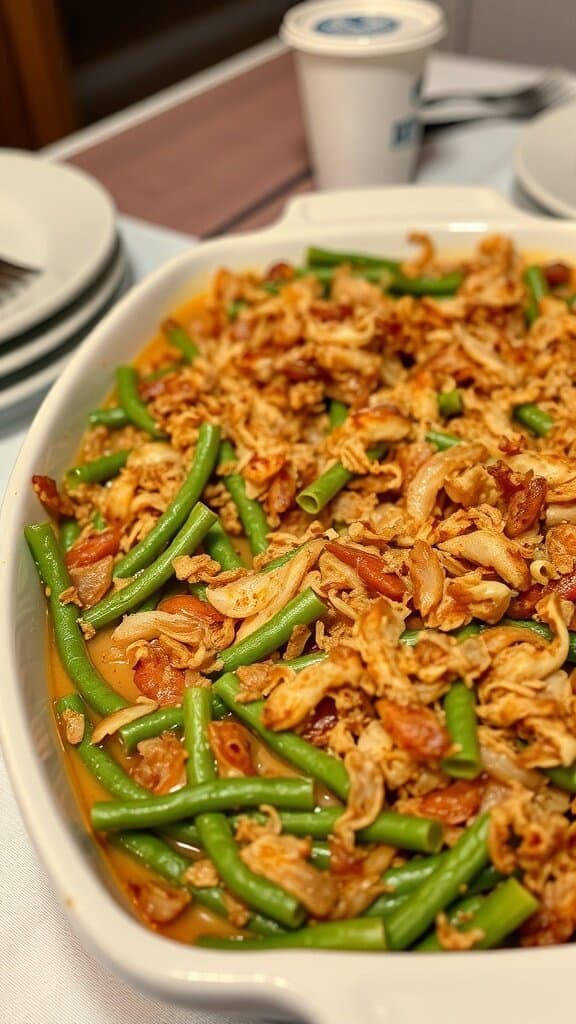 A green bean casserole with crispy onions and green beans.