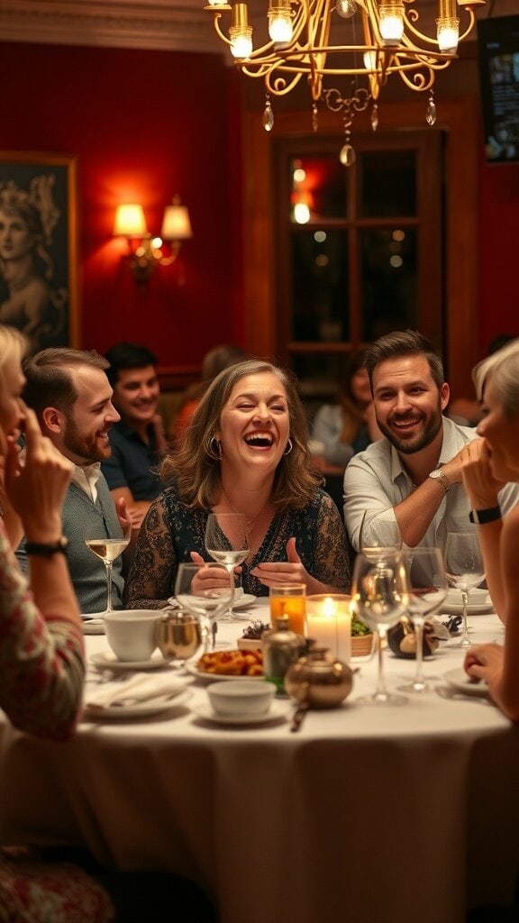 A group of friends laughing and enjoying dinner together in a cozy restaurant setting.