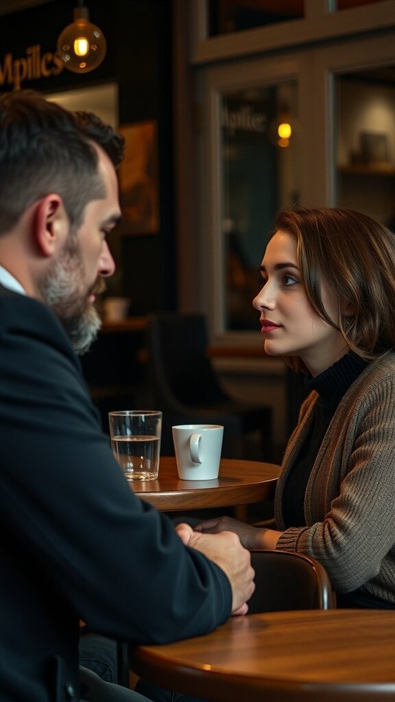 A couple engaged in a deep conversation over coffee, demonstrating active listening and engagement.