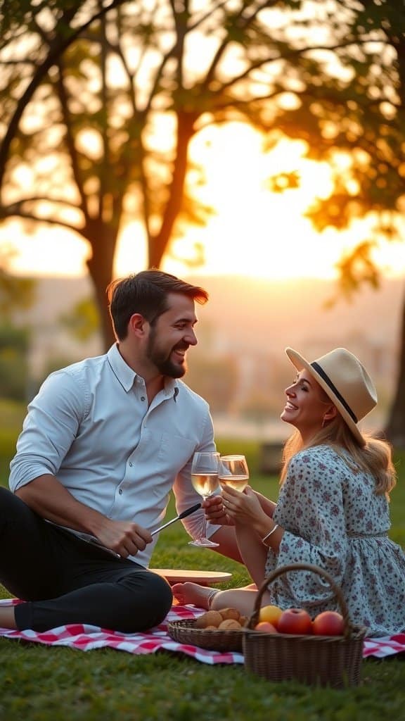 A couple enjoying a sunset picnic, symbolizing trust and making time for each other.