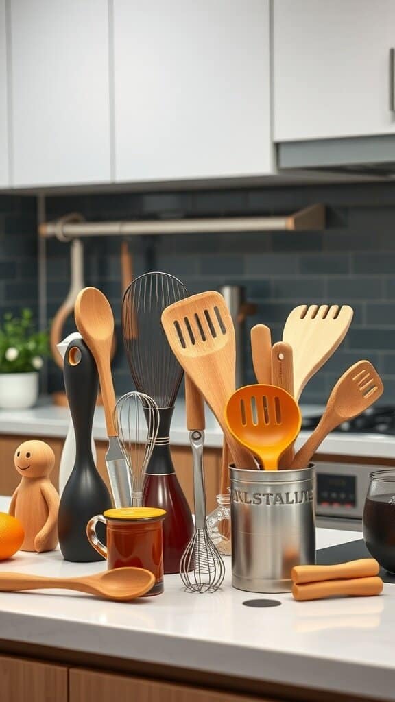 A collection of ergonomic kitchen tools including wooden spoons, spatulas, and a whisk, arranged on a kitchen counter.