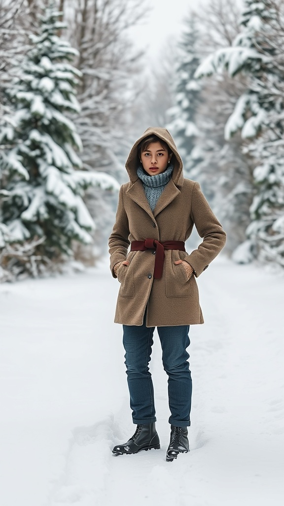 A person standing in a snowy landscape wearing a stylish brown coat, cozy sweater, and practical boots.