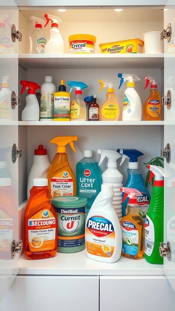 A cabinet filled with various cleaning products, showcasing colorful bottles and labels.