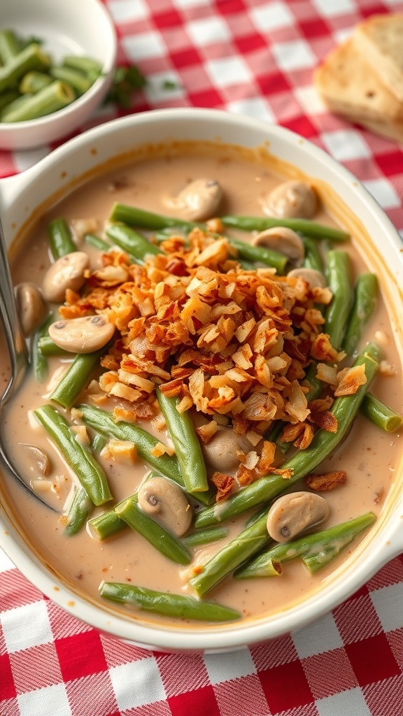 A casserole dish filled with green beans and mushroom soup, topped with crispy onions, on a checkered tablecloth.