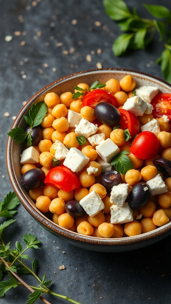 A bowl of Mediterranean Chickpea Salad with chickpeas, cherry tomatoes, olives, and feta cheese.