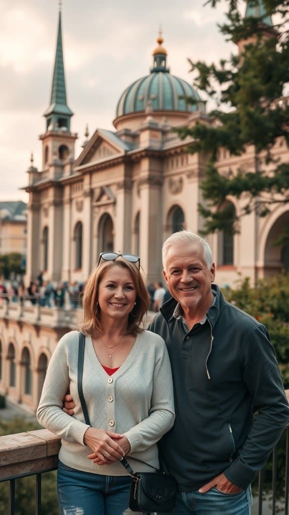 A happy couple taking a selfie in a scenic location, smiling and enjoying their time together.