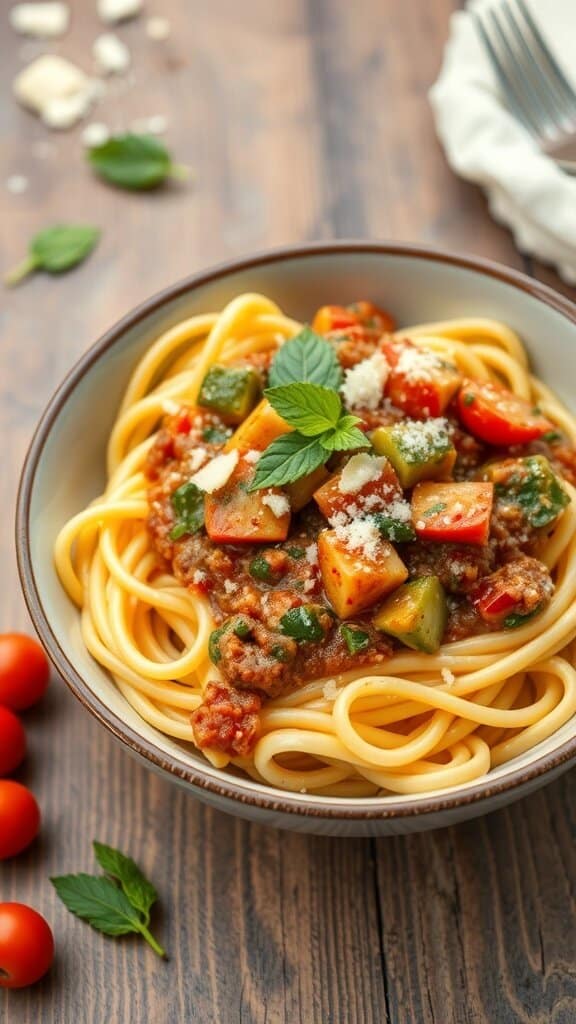 A bowl of spaghetti topped with a rich veggie sauce, garnished with fresh herbs and cheese.