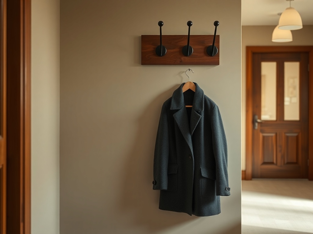A classic dark wool coat hanging on a wooden hook in a cozy entryway.