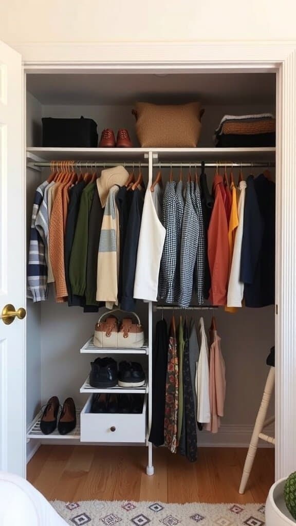 An organized closet with clothes on hangers, shoes on shelves, and a drawer for accessories.