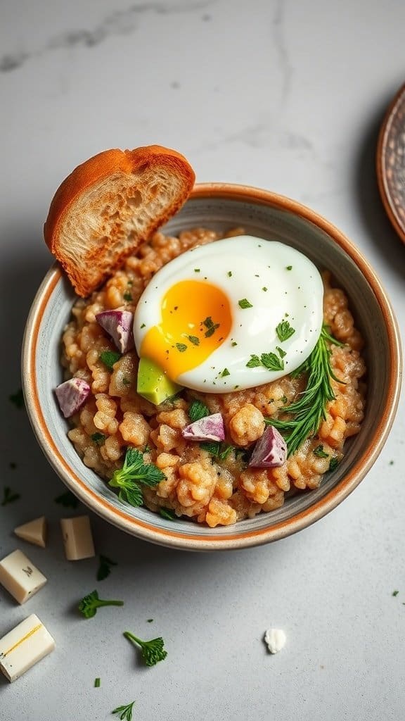 A bowl of savory oatmeal topped with a soft-boiled egg and colorful vegetables, with a piece of toasted bread on the side.