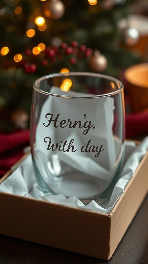 A personalized glass with the name 'Hern'g.' and the phrase 'With day' inside a gift box.