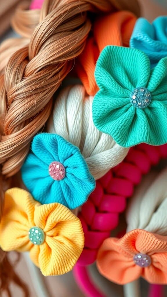 A collection of brightly colored hair accessories including bows and hair ties in vibrant colors.