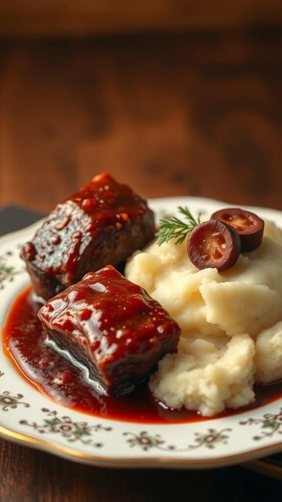 Braised short ribs with red wine sauce served with mashed potatoes and garnished with grapes